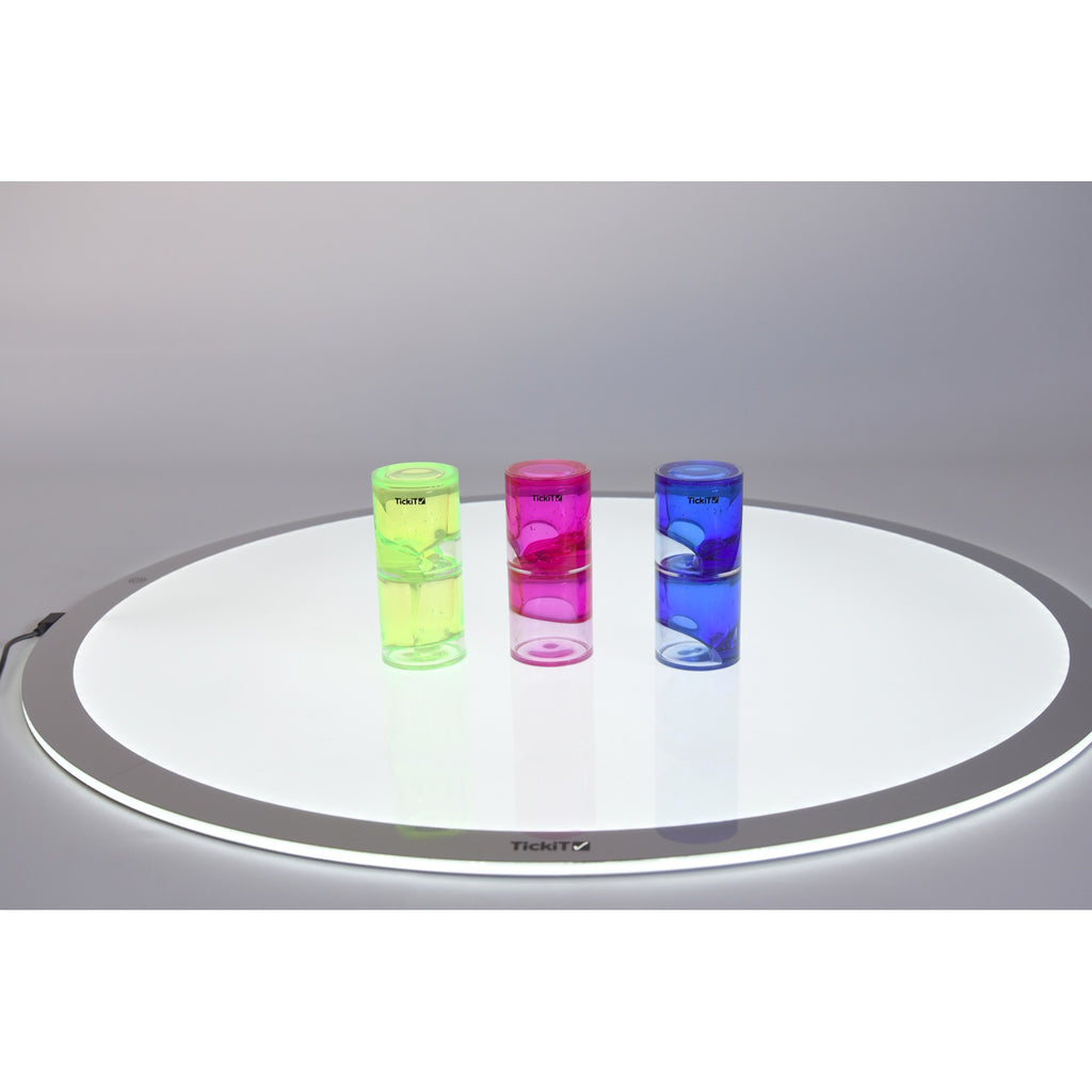 A trio of transparent tubes filled with slow-moving, colorful gel, designed to engage visual attention and support calming sensory play.