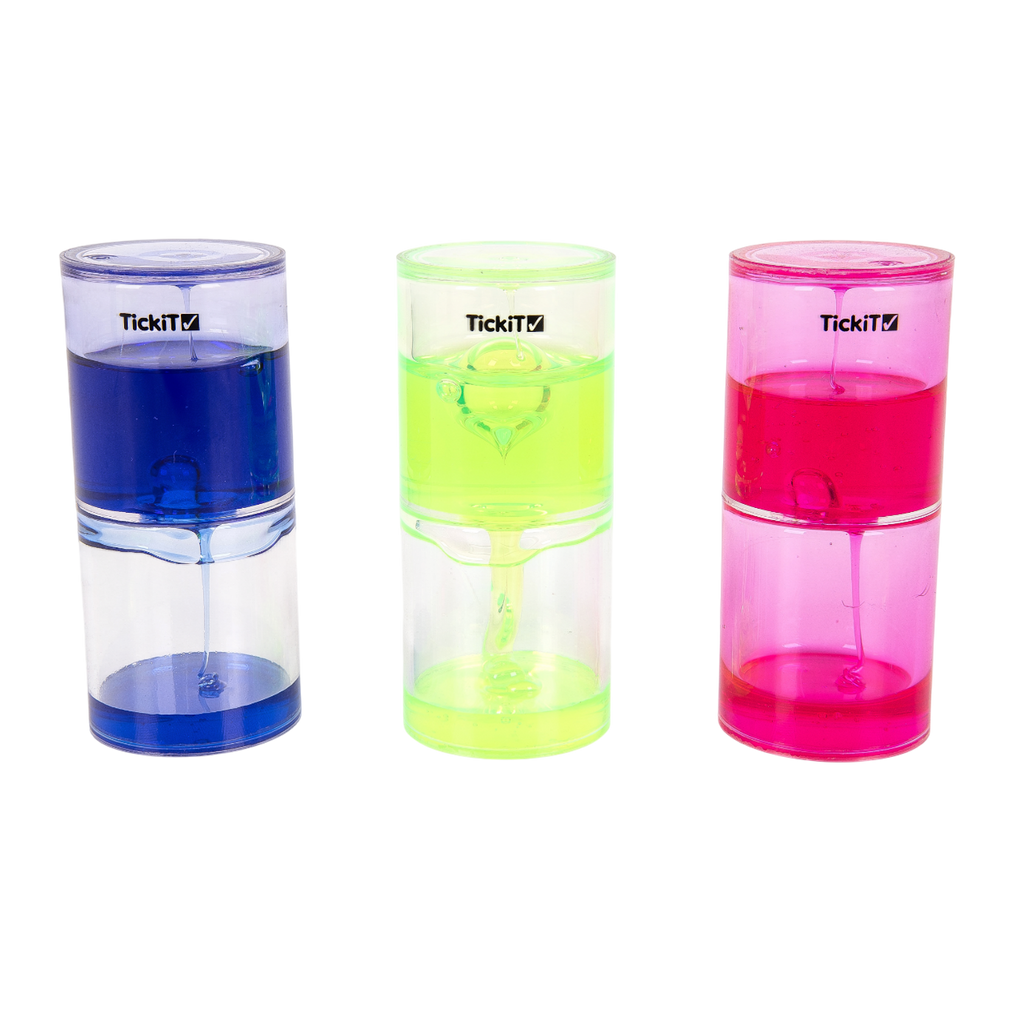 A trio of transparent tubes filled with slow-moving, colorful gel, designed to engage visual attention and support calming sensory play.
