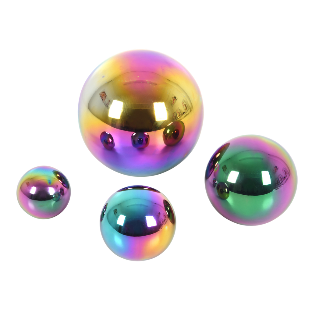 A set of colorful balls with reflective surfaces, designed to engage children in sensory play and visual stimulation.