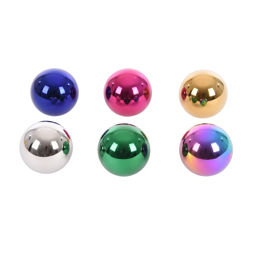 A set of colorful, reflective sensory balls that change appearance with movement, designed to engage children in tactile exploration and visual stimulation.