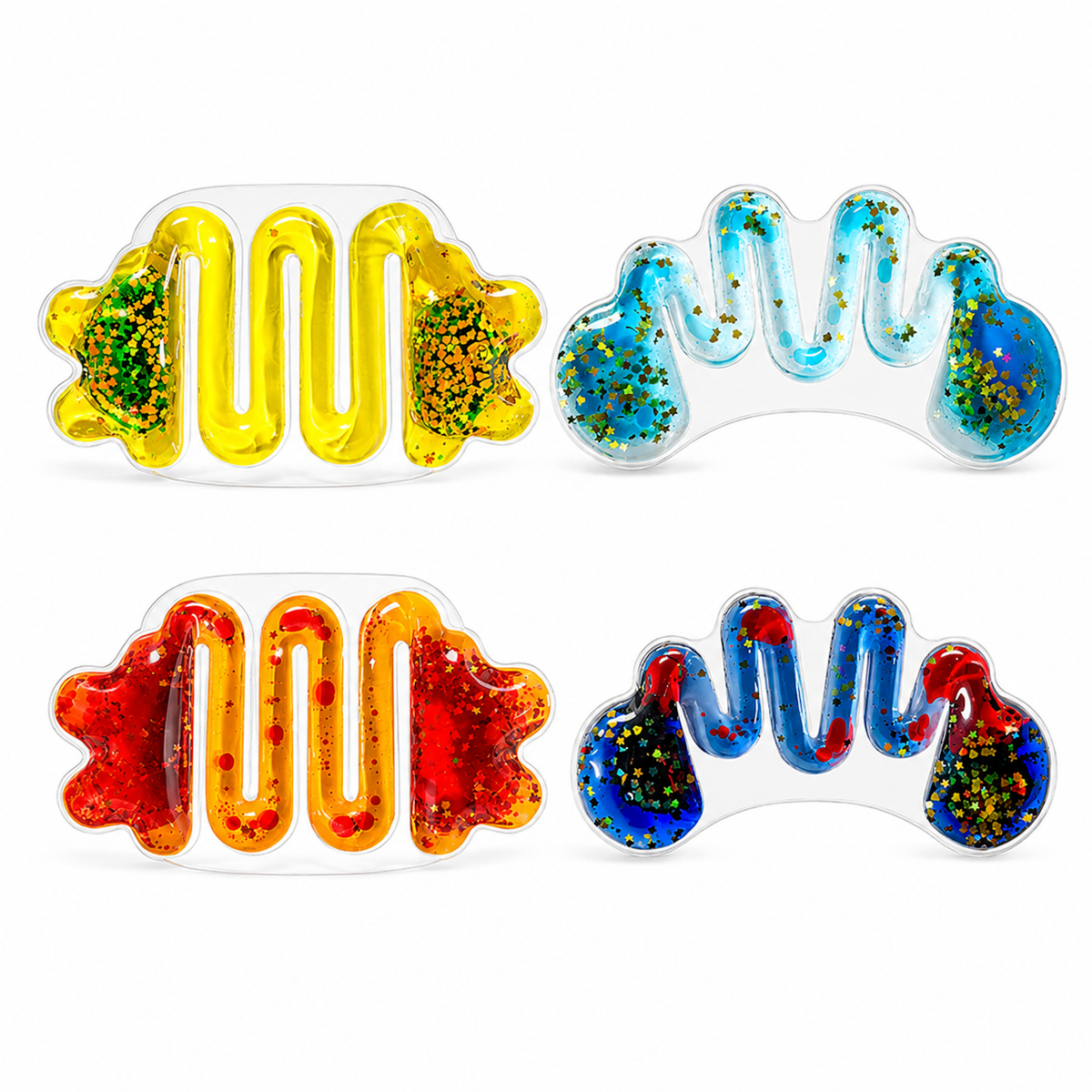 Flat lay view of a four-pack of colorful liquid-filled sensory squeeze toys in clear plastic casing.