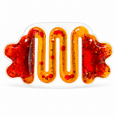 Front view of the red and orange liquid-filled plastic sensory squeeze toy.