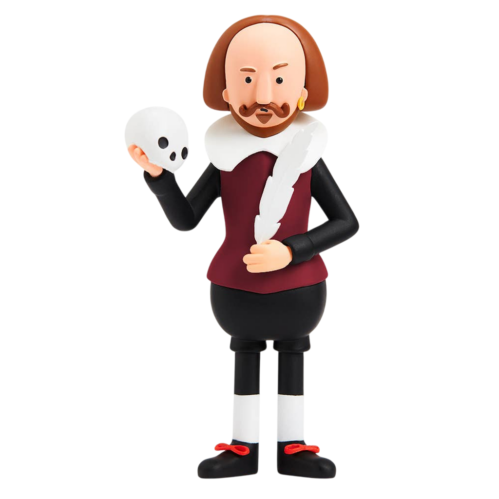 A cartoon figure resembling a playwright holds a skull in one hand, wearing a white ruff, maroon vest, and black tights, on a white background.