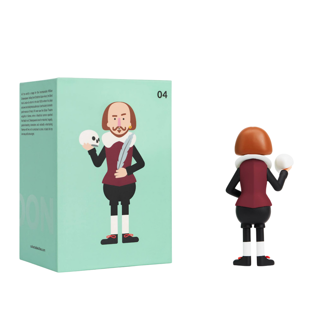 Cartoon-style figure holding a skull stands next to a matching green box with similar illustration, creating a playful homage to Shakespeare.