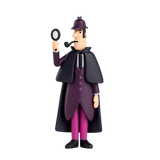 An animated detective character in a purple suit and deerstalker hat holds a magnifying glass and pipe, on a white background. He looks curious.