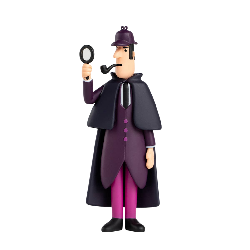 An animated detective character in a purple suit and deerstalker hat holds a magnifying glass and pipe, on a white background. He looks curious.