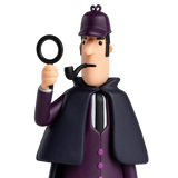 Toy figure of a detective in a purple outfit, holding a magnifying glass and pipe. The expression is curious, set against a white background.