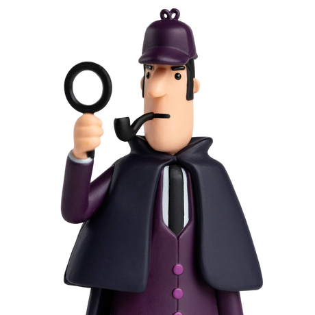 Toy figure of a detective in a purple outfit, holding a magnifying glass and pipe. The expression is curious, set against a white background.