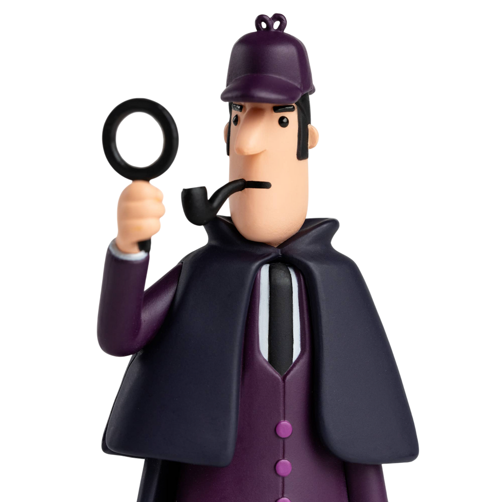 Toy figure of a detective in a purple outfit, holding a magnifying glass and pipe. The expression is curious, set against a white background.