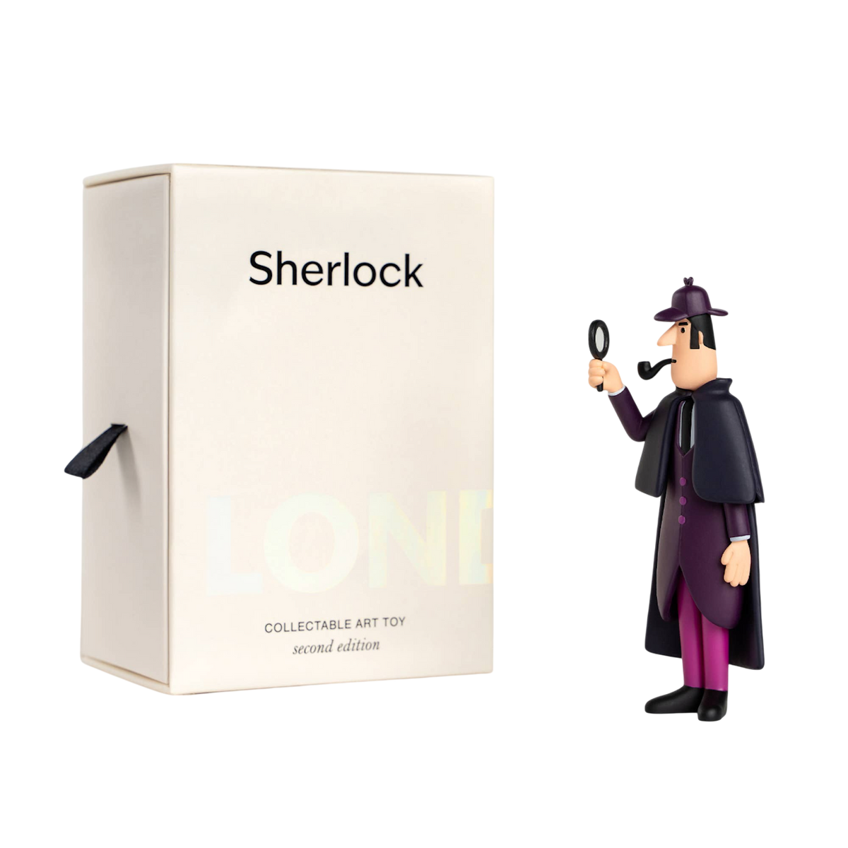 A minimalist Sherlock Holmes collectible toy stands next to a white box labeled "Sherlock." The toy holds a magnifying glass, evoking mystery and intrigue.