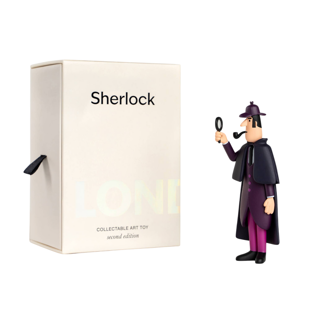 A minimalist Sherlock Holmes collectible toy stands next to a white box labeled "Sherlock." The toy holds a magnifying glass, evoking mystery and intrigue.