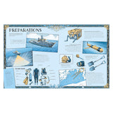 Illustrated book spread titled "PREPARATIONS" showing marine archaeology equipment and scuba gear.