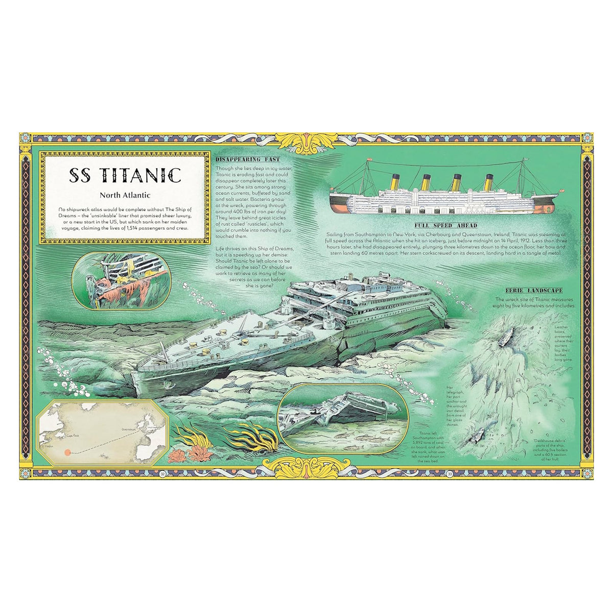 Illustrated book spread detailing the SS Titanic, showing its original form alongside its sunken wreck on the ocean floor.
