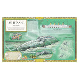 Illustrated book spread detailing the SS Titanic, showing its original form alongside its sunken wreck on the ocean floor.