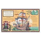 Illustrated book spread about the Flor de la Mar, depicting a Portuguese ship and Afonso de Albuquerque.