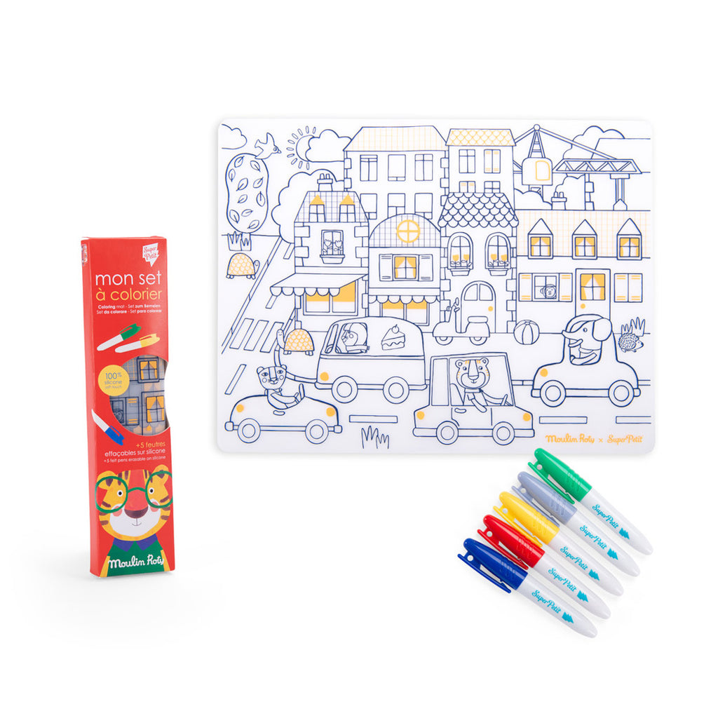 Coloring activity set with markers and a charming town scene placemat featuring cartoon animals in cars. The packaging is bright and playful.