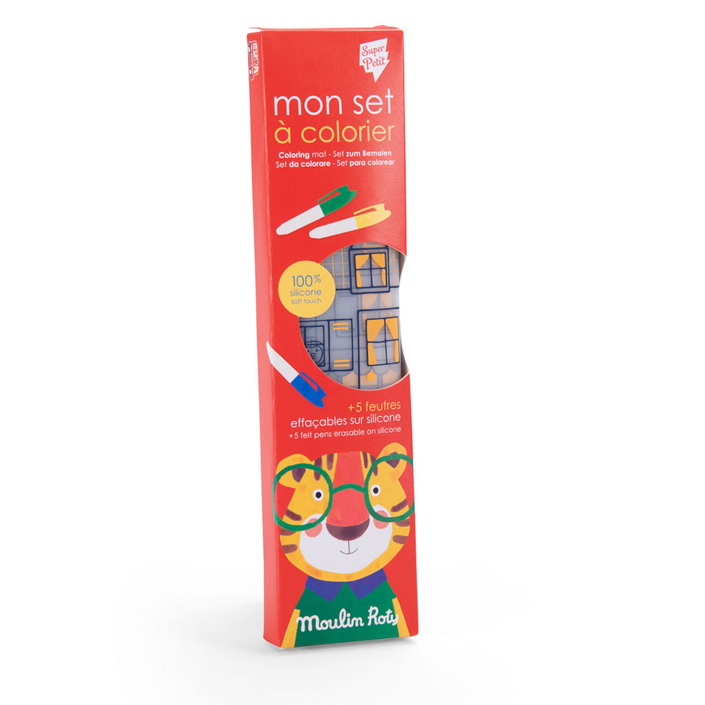 Red packaging for a silicone coloring set, featuring a cartoon tiger in glasses. Includes five erasable pens and showcases colored panels.