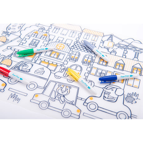 Super Petit silicone coloring mat featuring city street line art and five colorful marker pens.