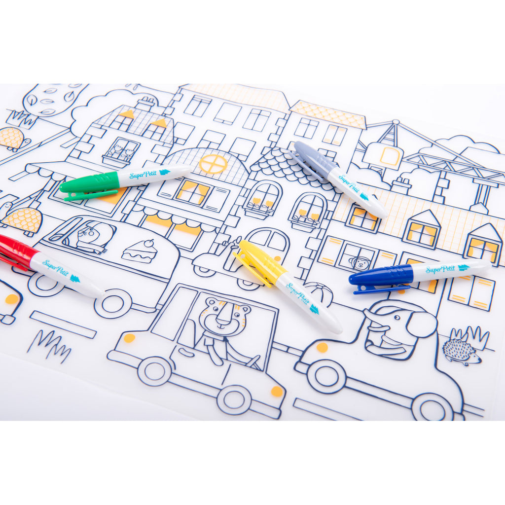 Colorful markers lie on a black and white cityscape drawing featuring cartoon animals driving cars. The image feels playful and artistic.