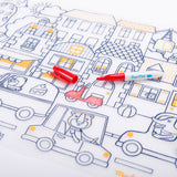 Moulin Roty Les Popipop silicone coloring mat with city street illustration and a red SuperPetit marker.