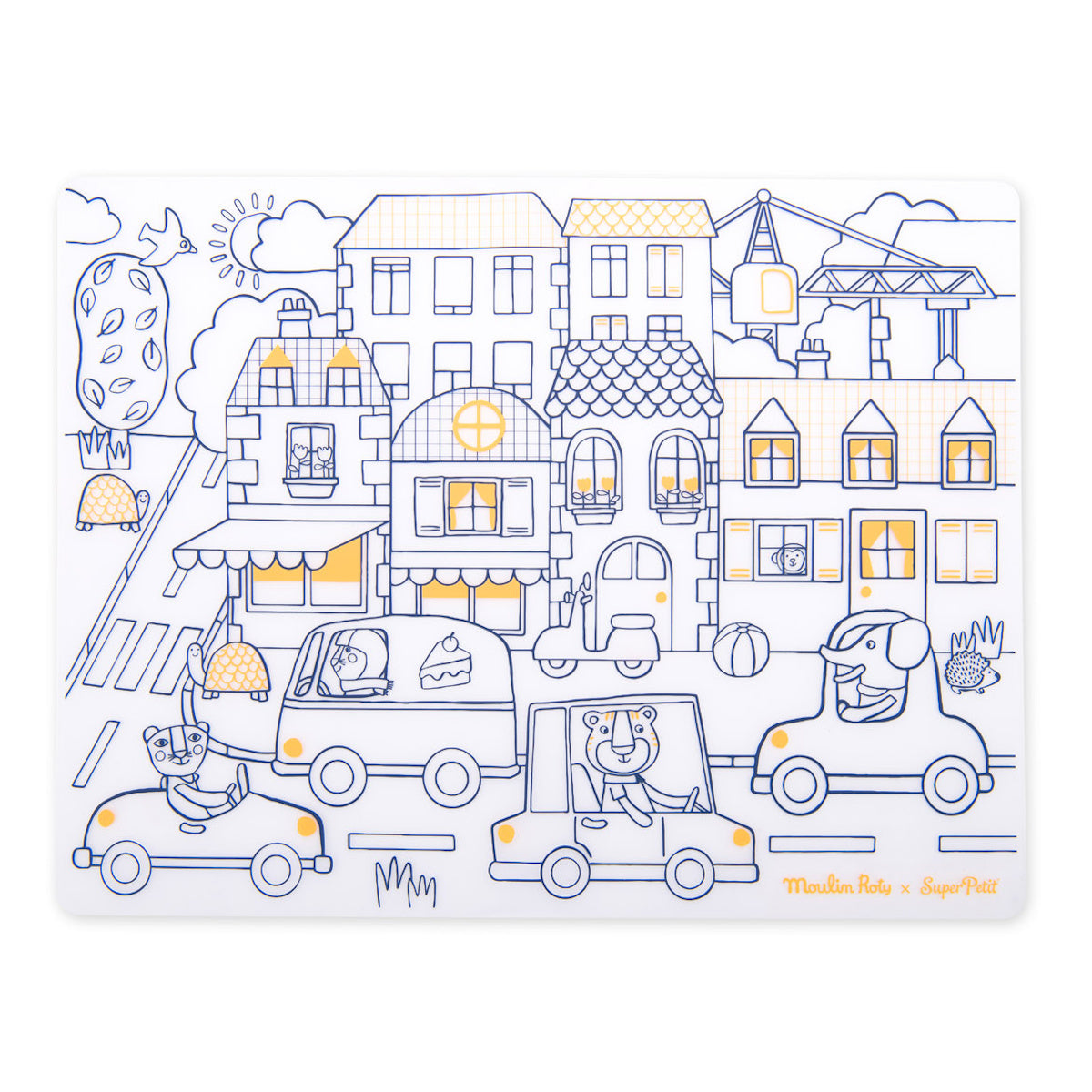 Moulin Roty x SuperPetit silicone coloring mat with Les Popipop city streets and animal drivers.