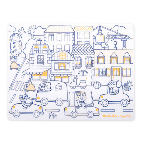 Moulin Roty x SuperPetit silicone coloring mat with Les Popipop city streets and animal drivers.