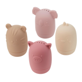 A set of soft silicone animal-shaped squirters in earthy tones, perfect for sensory play and water activities, designed for young children.