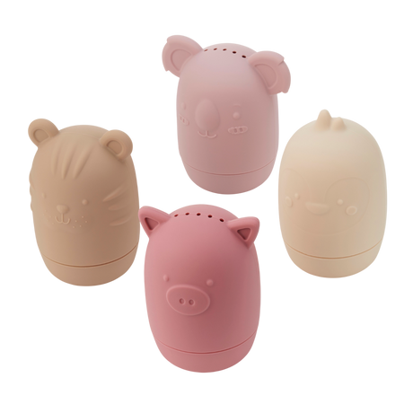 A set of soft silicone animal-shaped squirters in earthy tones, perfect for sensory play and water activities, designed for young children.