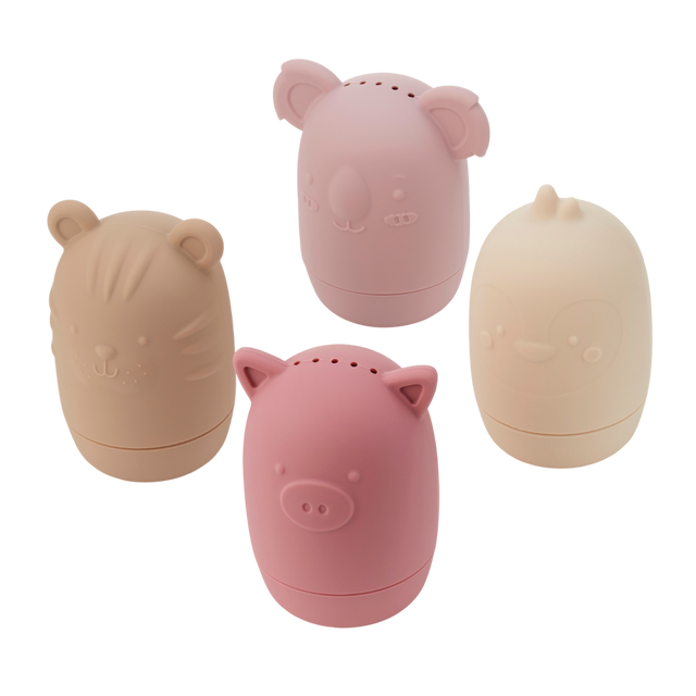 A set of soft silicone animal-shaped squirters in earthy tones, perfect for sensory play and water activities, designed for young children.