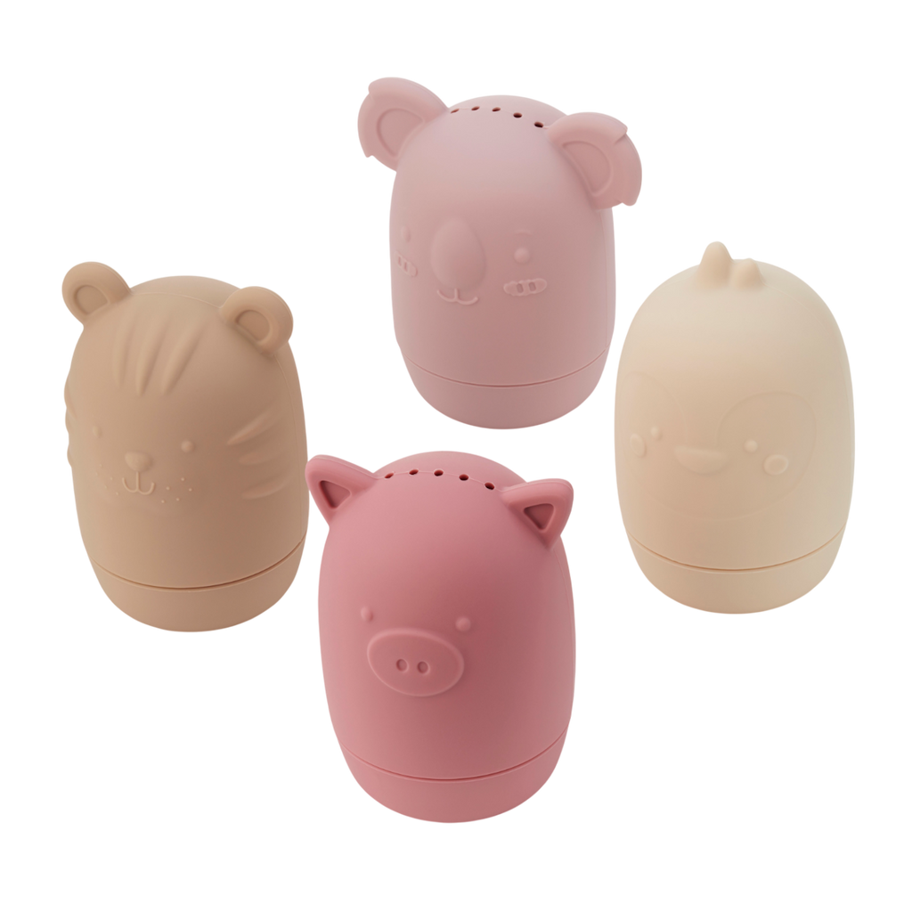 A set of soft silicone animal-shaped squirters in earthy tones, perfect for sensory play and water activities, designed for young children.