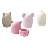 A set of soft silicone animal-shaped squirters in earthy tones, perfect for sensory play and water activities, designed for young children.