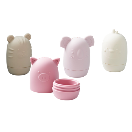 A set of soft silicone animal-shaped squirters in earthy tones, perfect for sensory play and water activities, designed for young children.