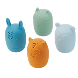 A set of soft silicone animal-shaped squirters in neutral tones, designed for sensory play and water-based fun, perfect for young children.