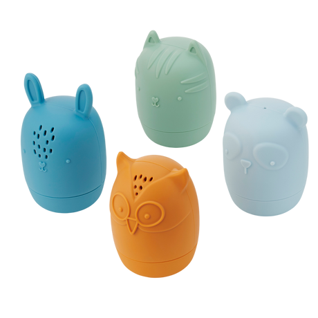 A set of soft silicone animal-shaped squirters in neutral tones, designed for sensory play and water-based fun, perfect for young children.
