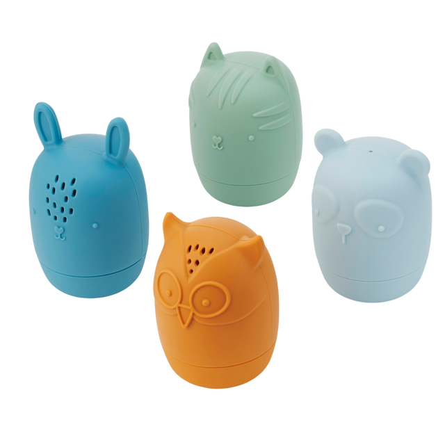 A set of soft silicone animal-shaped squirters in neutral tones, designed for sensory play and water-based fun, perfect for young children.