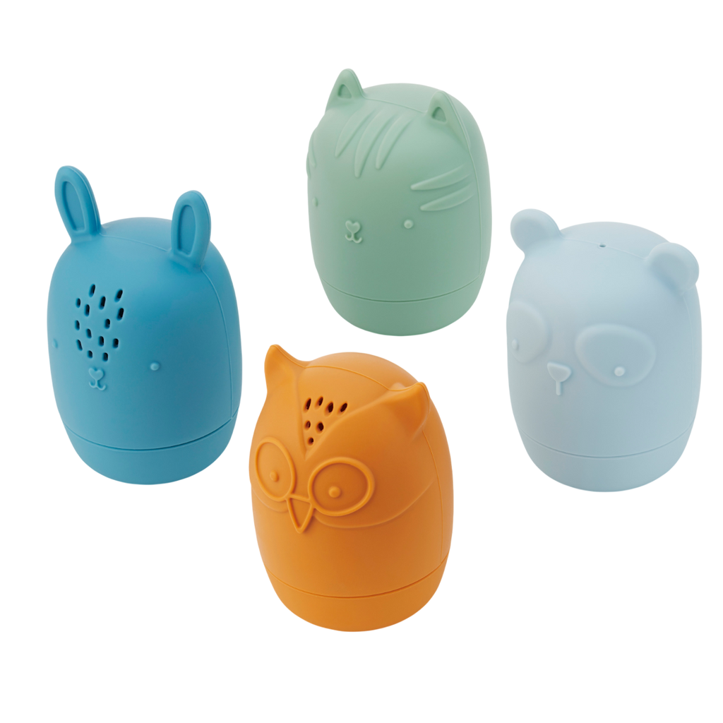A set of soft silicone animal-shaped squirters in neutral tones, designed for sensory play and water-based fun, perfect for young children.