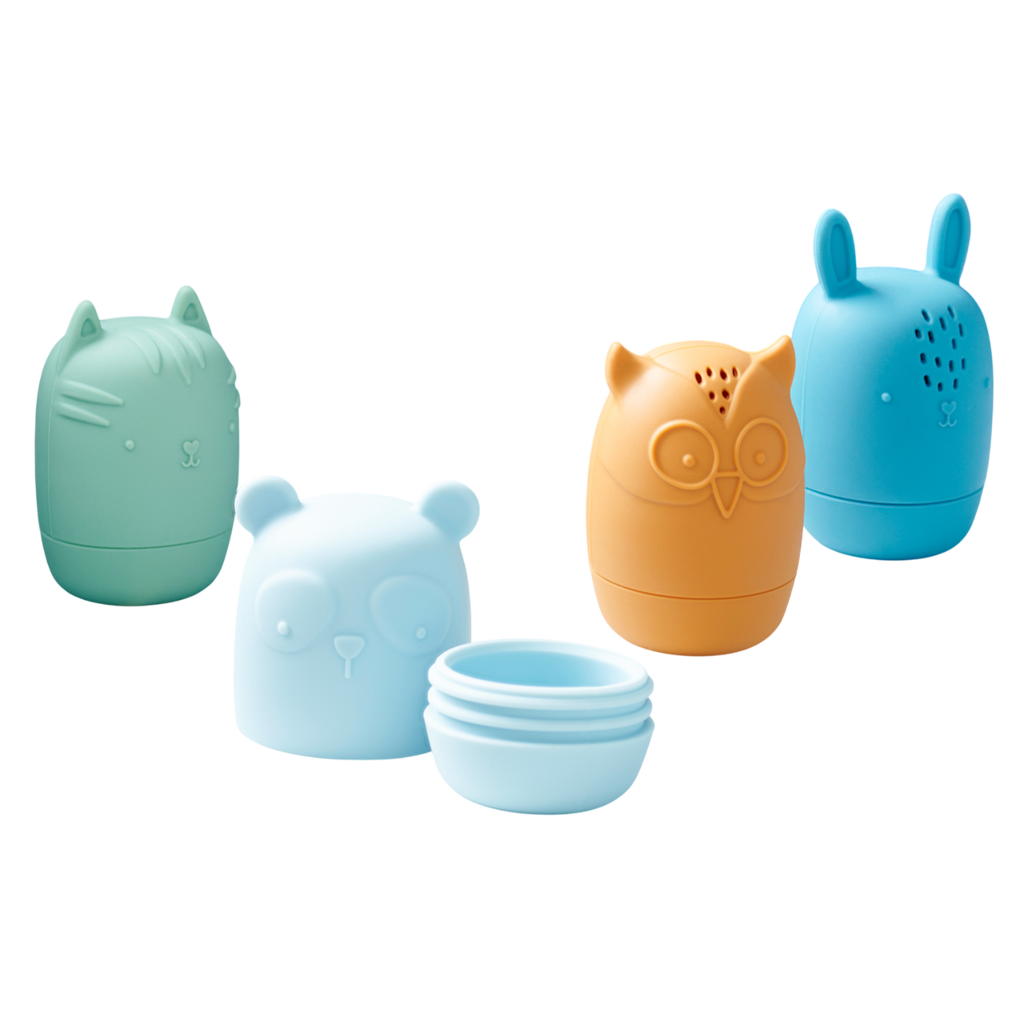 A set of soft silicone animal-shaped squirters in neutral tones, designed for sensory play and water-based fun, perfect for young children.