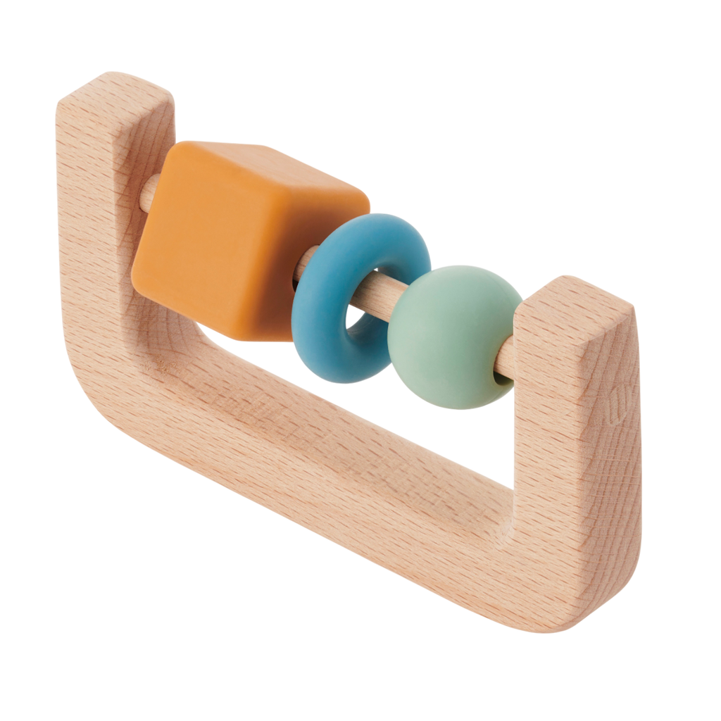 A soft silicone rattle with an arch design and soothing neutral colors, perfect for sensory play and developing motor skills in babies.