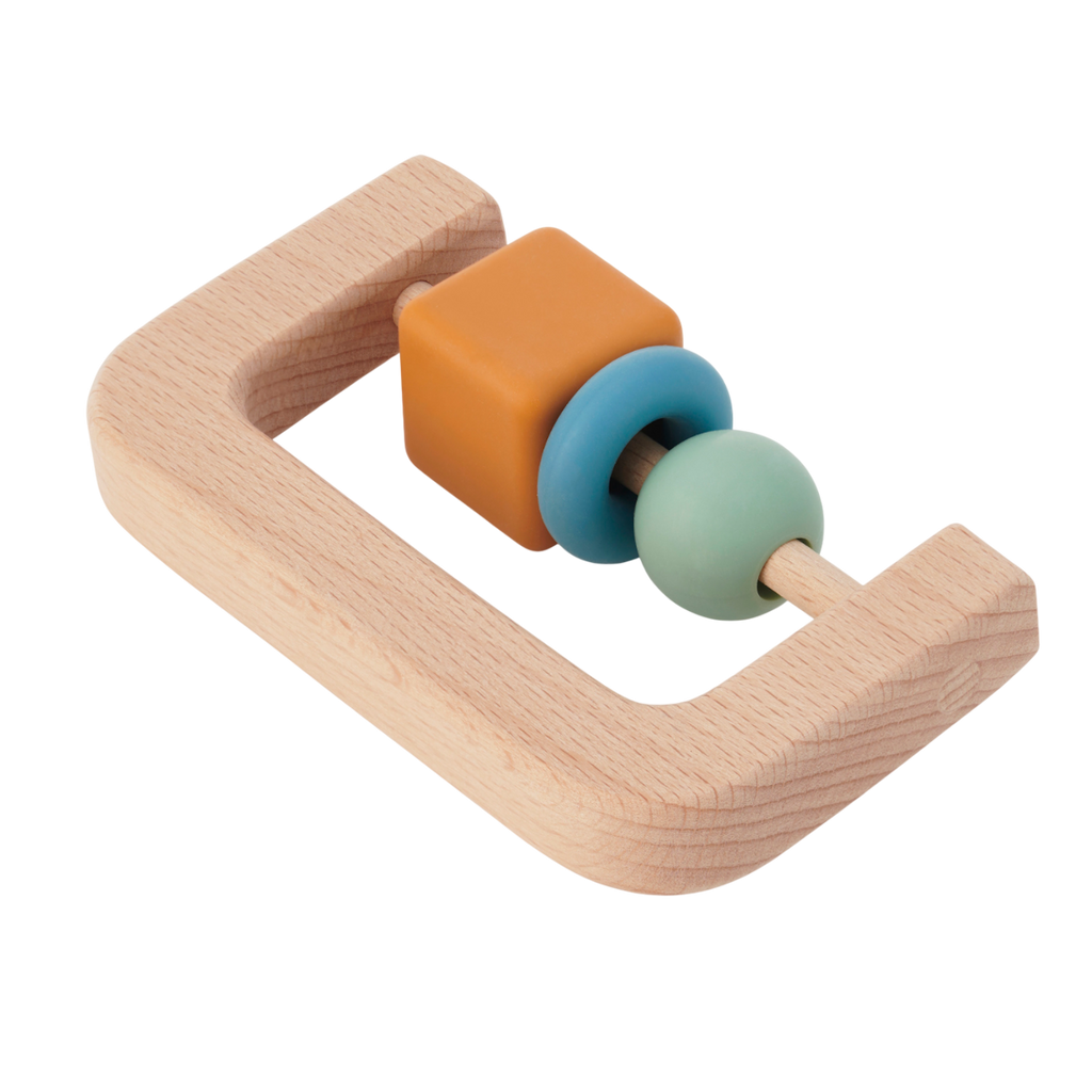A soft silicone rattle with an arch design and soothing neutral colors, perfect for sensory play and developing motor skills in babies.