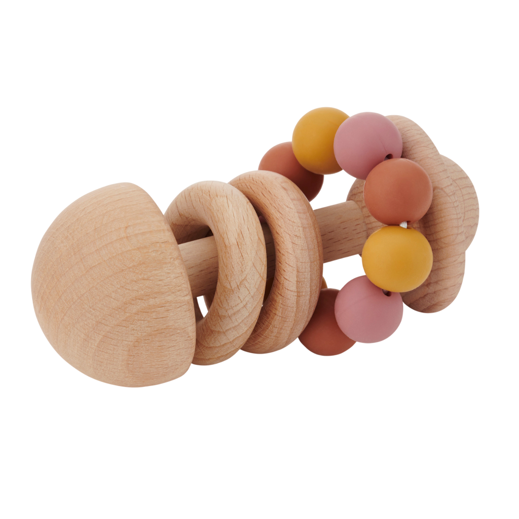 A soft silicone rattle featuring colorful beads in earthy tones, designed to stimulate sensory exploration and fine motor skills in babies.