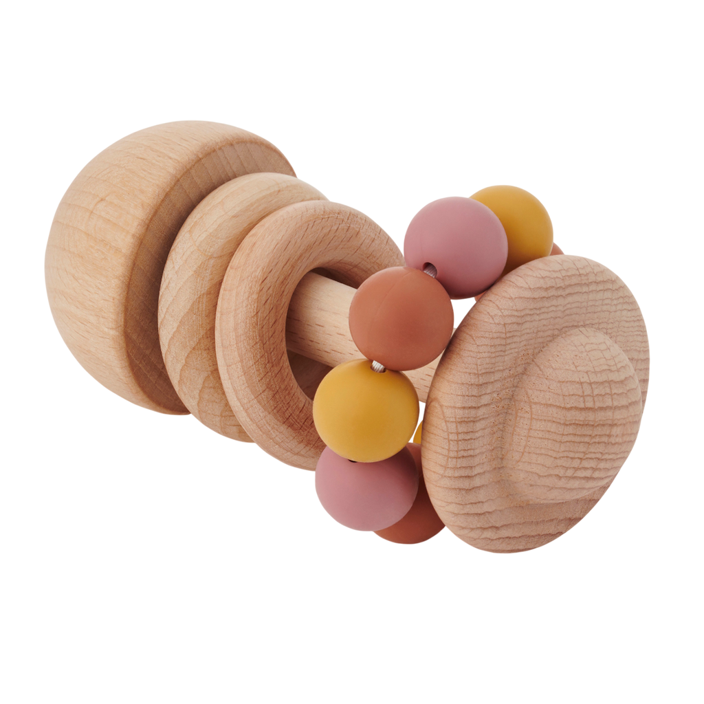 A soft silicone rattle featuring colorful beads in earthy tones, designed to stimulate sensory exploration and fine motor skills in babies.