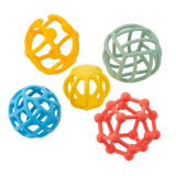 A set of colorful, soft silicone balls with a flexible texture, designed to promote sensory play and tactile exploration.