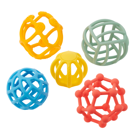 A set of colorful, soft silicone balls with a flexible texture, designed to promote sensory play and tactile exploration.