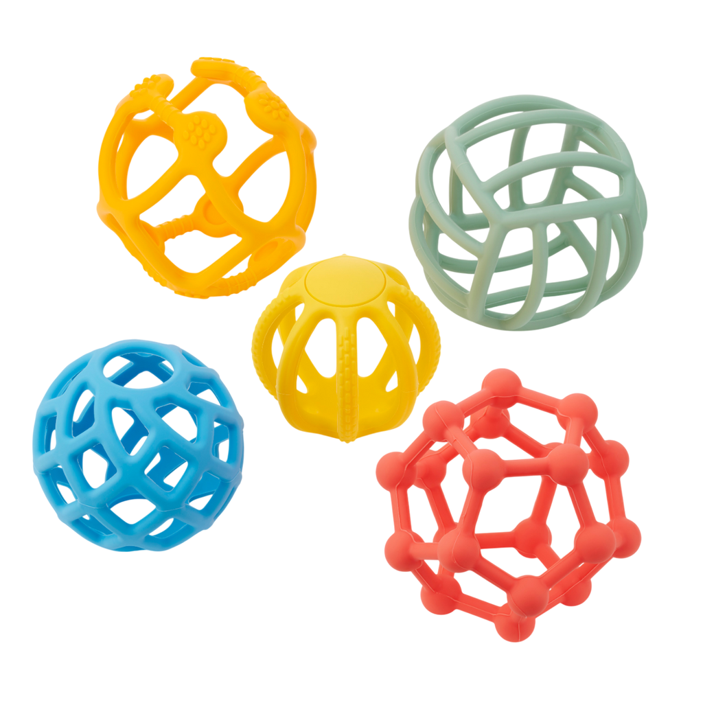 A set of colorful, soft silicone balls with a flexible texture, designed to promote sensory play and tactile exploration.