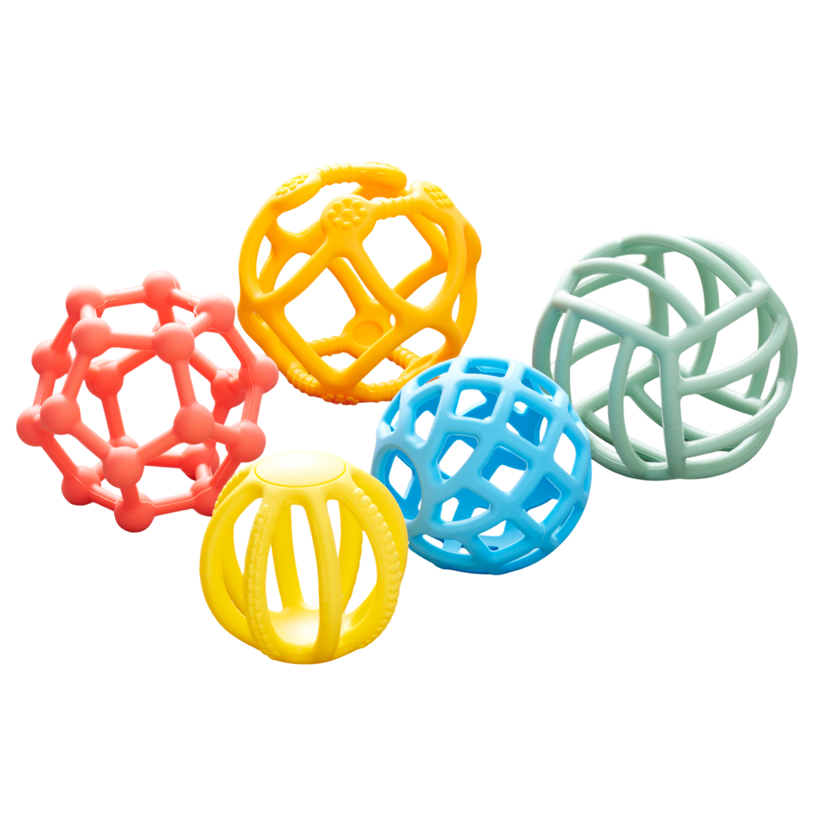 A set of colorful, soft silicone balls with a flexible texture, designed to promote sensory play and tactile exploration.