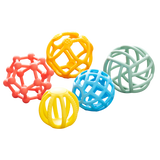 A set of colorful, soft silicone balls with a flexible texture, designed to promote sensory play and tactile exploration.