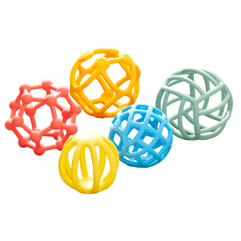 A set of colorful, soft silicone balls with a flexible texture, designed to promote sensory play and tactile exploration.
