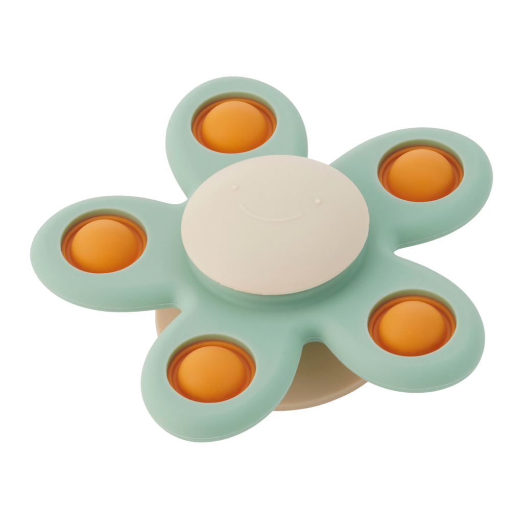 A soft silicone toy with a flower-shaped design, featuring gentle spinning motion in neutral colors, perfect for sensory play and motor skill development.