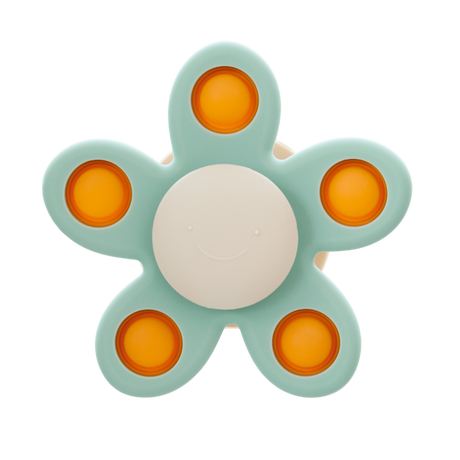 A soft silicone toy with a flower-shaped design, featuring gentle spinning motion in neutral colors, perfect for sensory play and motor skill development.
