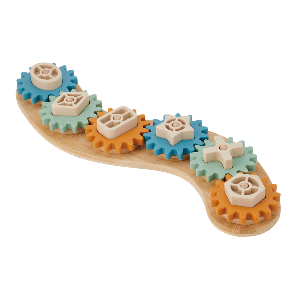 A soft silicone puzzle featuring interlocking gears in neutral tones, designed to promote sensory play and problem-solving skills.
